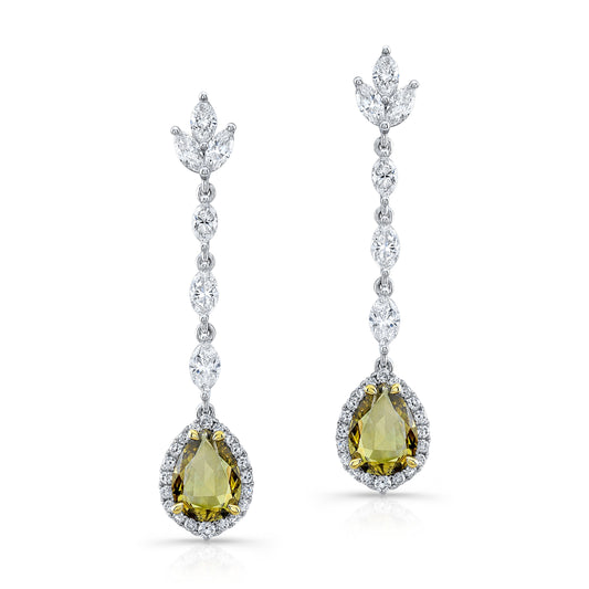1.10/1.53 Cts  Pear Shape Fancy Green Yellow Diamonds Drop Earrings