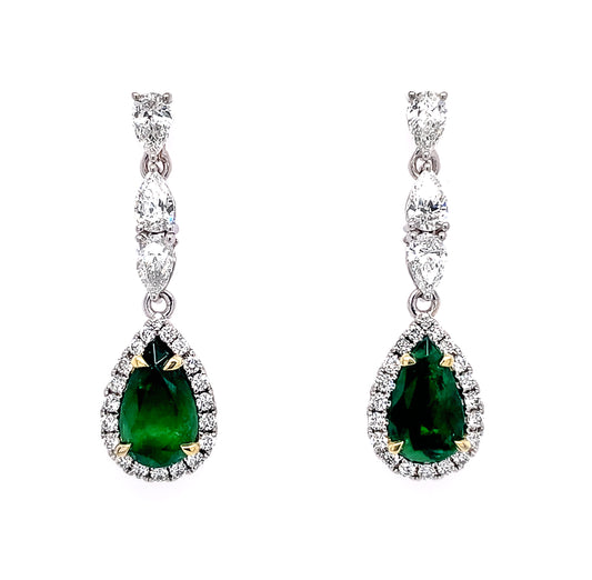 18k Wg 4.29 Pear Shape Certified Emerald & 2.25 Ct Diamonds Drop Earrings
