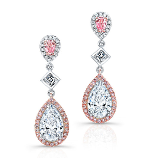 18k Twt 4.02 Cts Pear Shape Pink & White Diamonds Gia Dangling Earrings