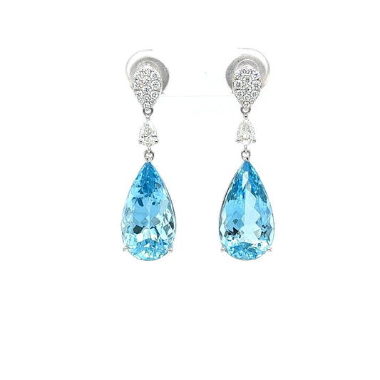11.15 Cts. Pear Shape Aquamarine & Natural Diamonds Dangle Earrings