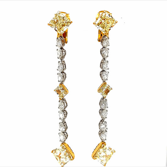 Platinum 22.05 Cts Radiant Cut Fancy Yellow & White Diamonds Dangle Earrings