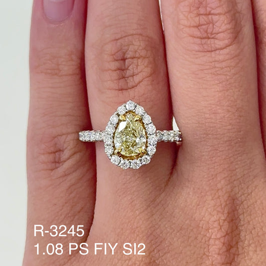 1.64 Tcw Pear Shape Fancy Intense Yellow Natural Diamond Halo Ring