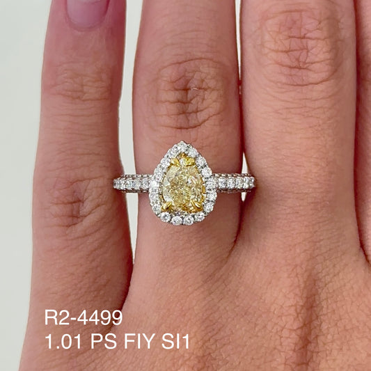 1.55 Tcw Pear Shape Fancy Intense Yellow Natural Diamond Halo Ring