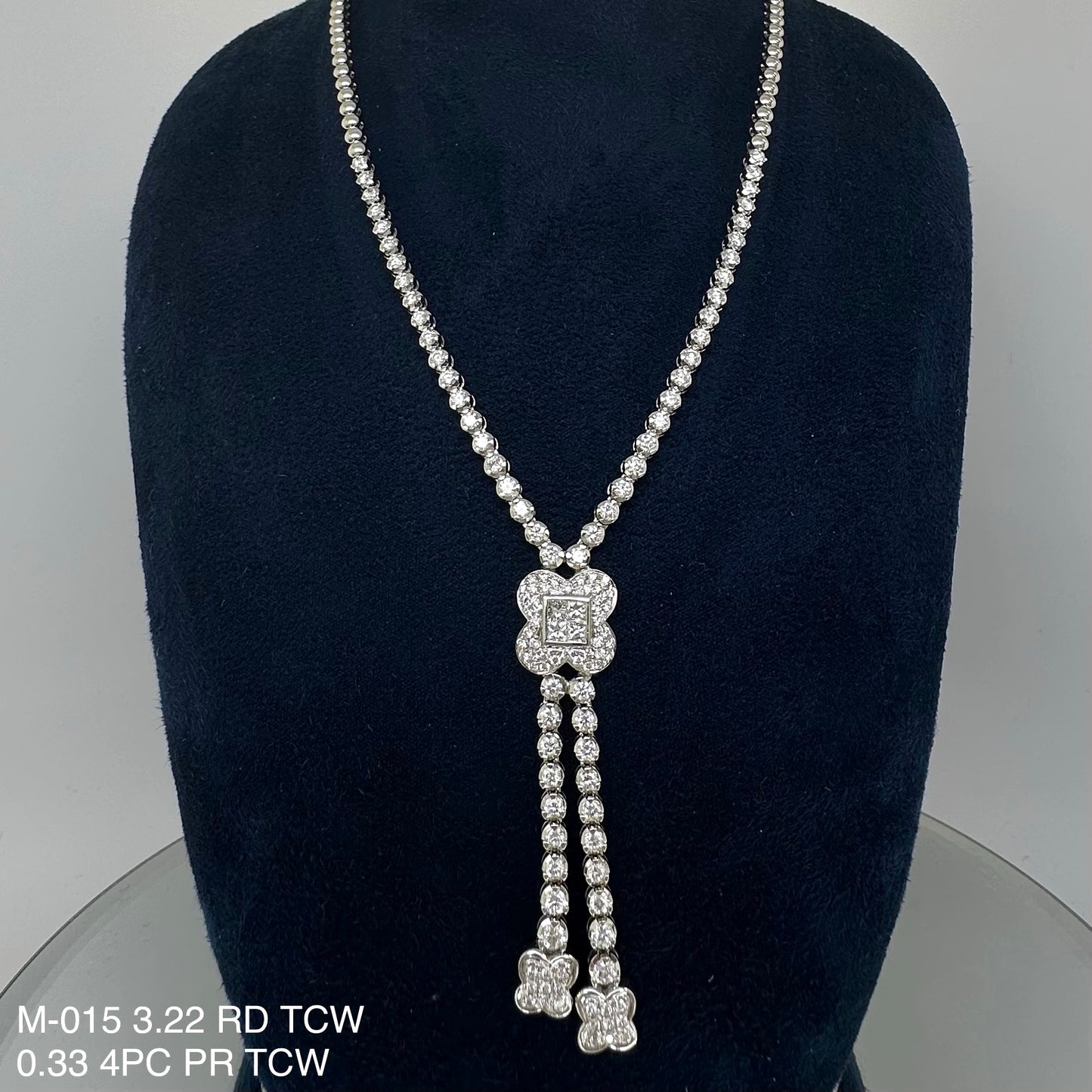 18K WG 3.22 RD/ 0.33 PR TCW SQUARe flower DROP necklace