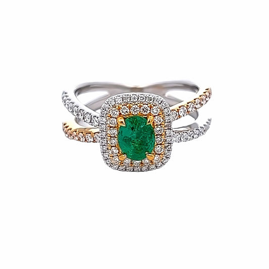 Two Tone 0.59 Cts Oval Shape Emerald and Diamonds Double Band Ring
