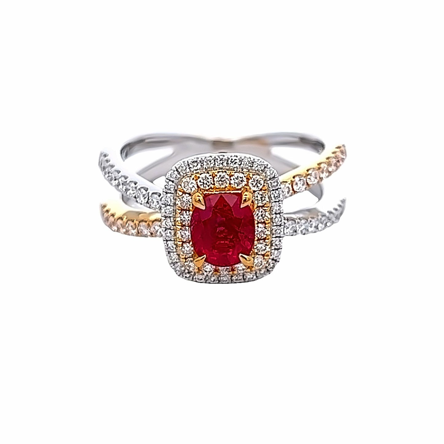 Two Tone 0.84 Oval Shape Ruby and Diamonds Double Band Ring