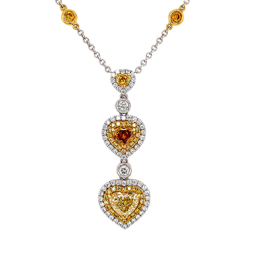 18k Twt 2.47  Three Heart Shape Yellow Diamonds Drop Necklace