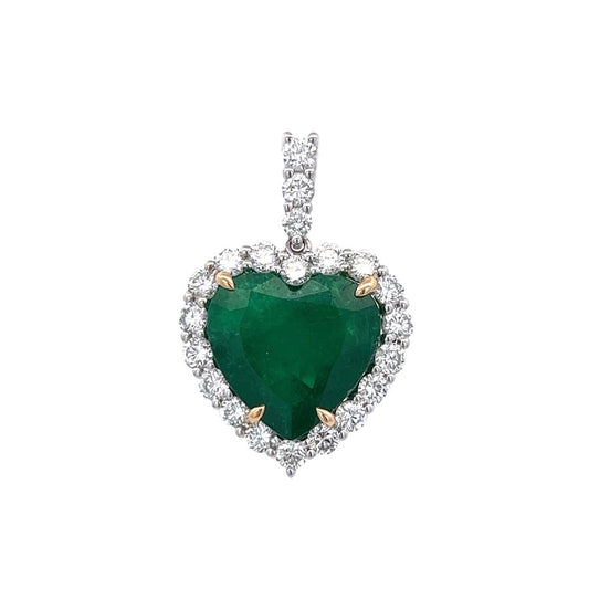 18K TWT 4.58 Heart Shape Emerald Halo Pendant