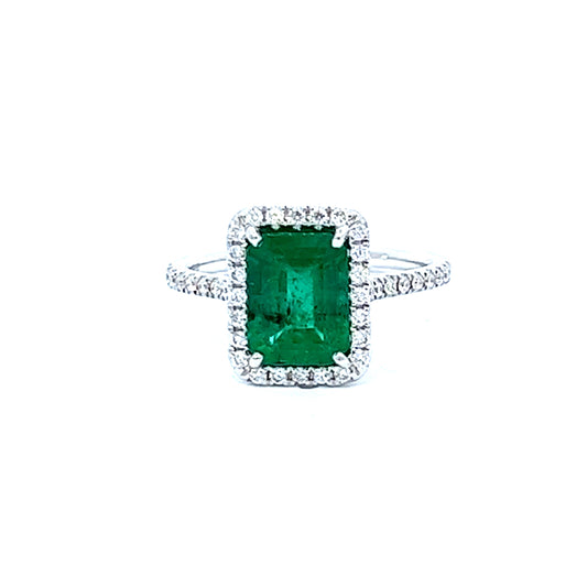 1.81 Cts Natural Emerald & Diamonds Halo Ring
