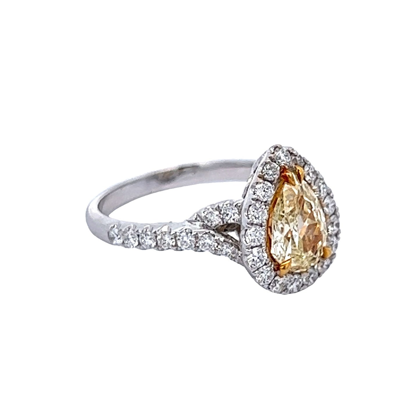 1.23 Cts. Pear Shape Fancy Yellow Natural Diamond Halo Ring