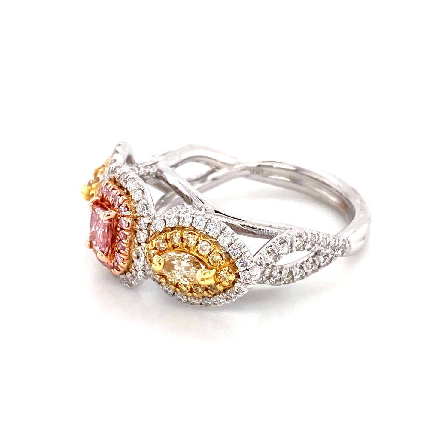 1.22 Cts Tricolor Natural Fancy Intense Pink and Yellow Diamond Ring GIA