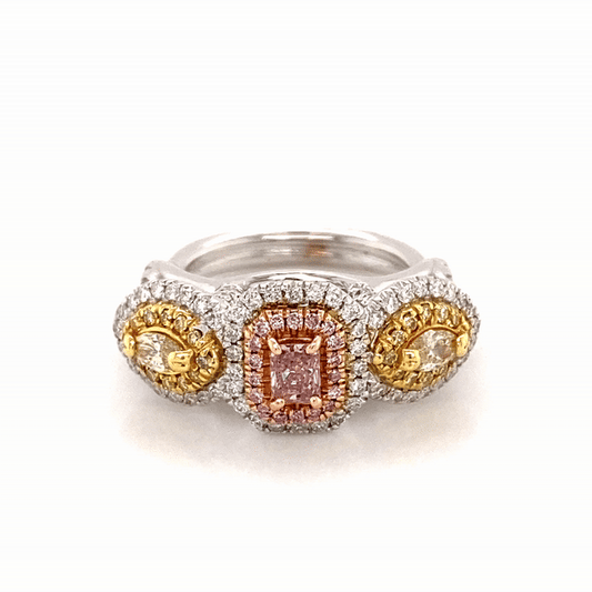 1.22 Cts Tricolor Natural Fancy Intense Pink and Yellow Diamond Ring GIA