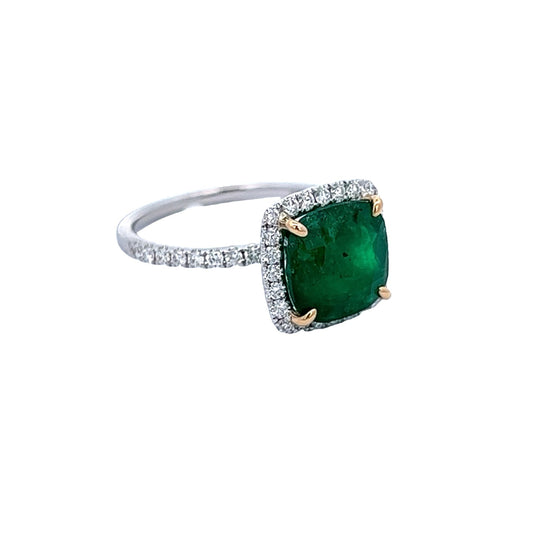 3.11 Cts Cushion Cut Emerald Halo Ring GIA