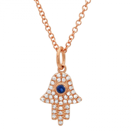Colgante de mano de Hamsa con zafiro y diamantes en oro de 14 k con cadena