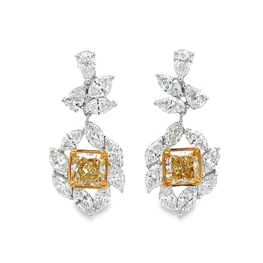 Pendientes colgantes de diamantes de múltiples formas y talla radiante de color amarillo elegante de 7,67 quilates
