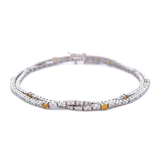 Pulsera de doble hilera de diamantes blancos y amarillos elegantes de 2,35 quilates