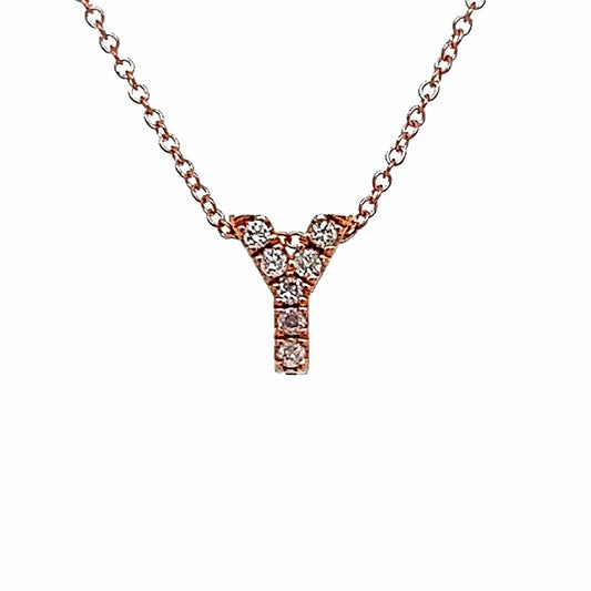 Colgante con letra Y de oro rosa de 14 quilates de 0,07 TCW