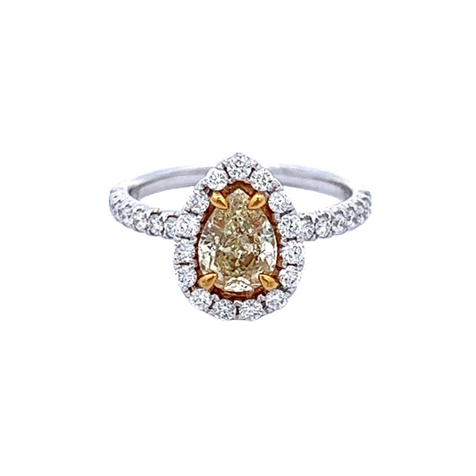 Anillo con halo de diamantes naturales de color amarillo intenso elegante con forma de pera de 1,64 Tcw