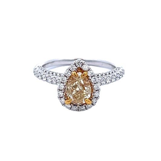 Anillo con halo de diamantes naturales de color amarillo intenso elegante con forma de pera de 1,55 Tcw