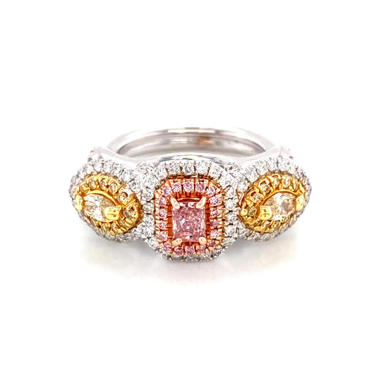 1.22 Cts Anillo de diamantes tricolor natural fantasía rosa intenso y amarillo GIA