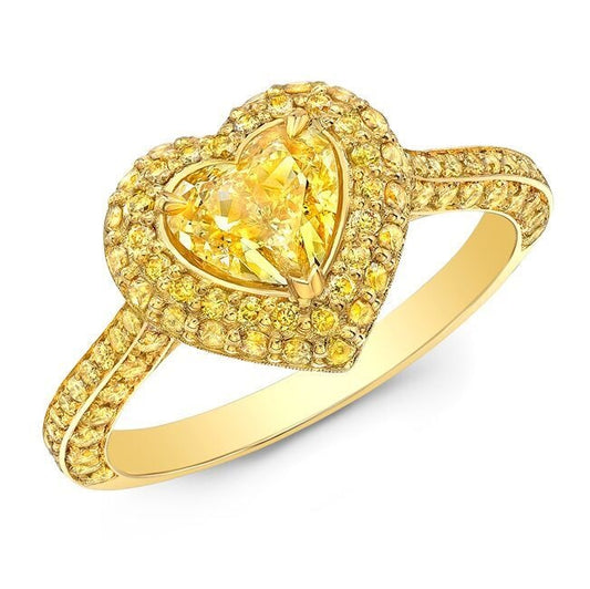 Anillo de diamantes amarillo intenso de lujo natural con forma de corazón de 1.92 TCW