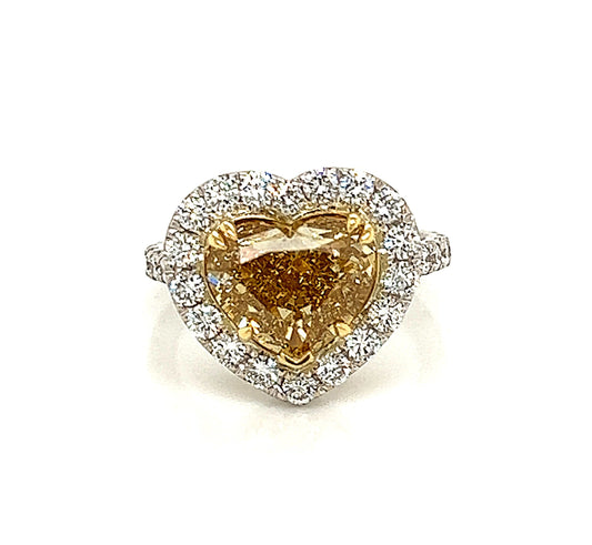 Anillo con halo de diamantes amarillo marrón elegante en forma de corazón natural de 5,01 quilates GIA